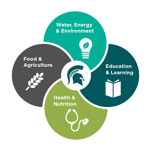 themes infograph: food and agriculture, water energy and environment, education and learning, health and nutrition