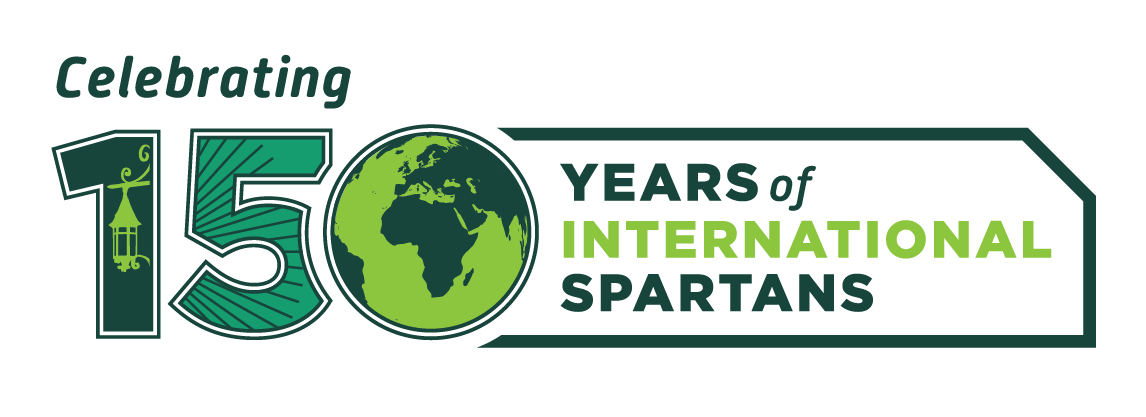 colorful banner reading celebrating 150 years of international Spartans