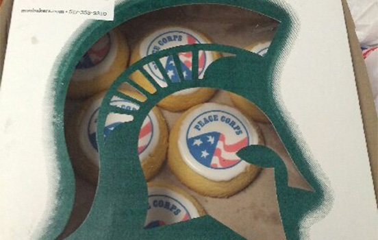 Peace corps cookies in an MSU spartan helmet box